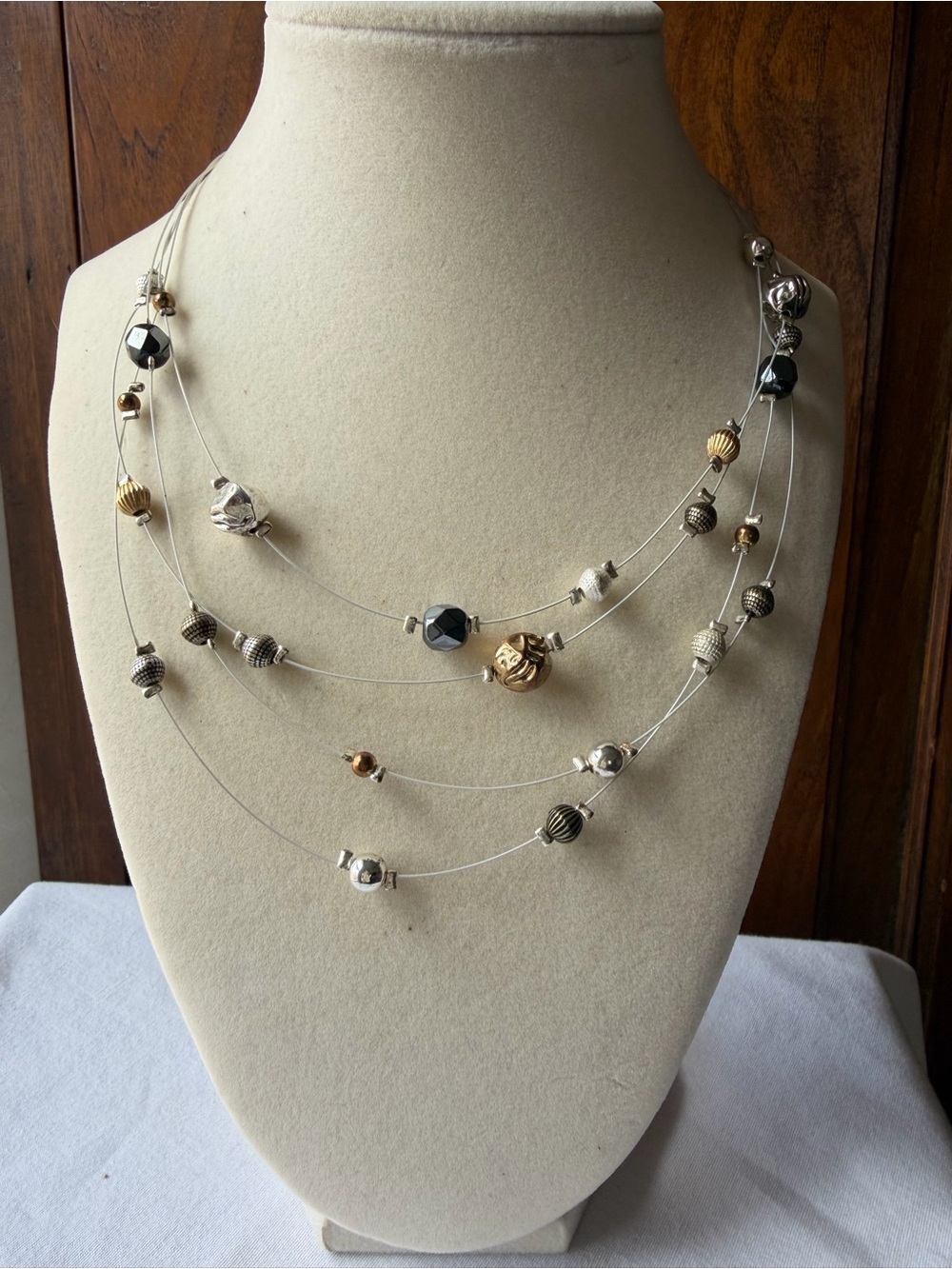 Chico’s Multi Strand Floating Bead Necklace Mixed Metal Silver Gold